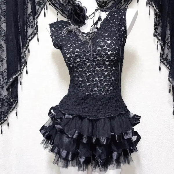 [BUNJANG] Romantic Gothic Gothpunk Gal Oriental Lace See-through Sleeveless Top / 로맨틱고딕 고스펑크 갸루 오리엔탈 레이스 시스루 슬리브리스 로걀탑 공겜