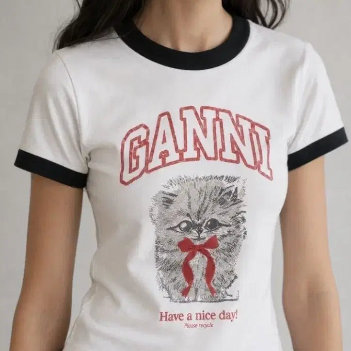 [BUNJANG] GANNI Baby Fit Kitty Short Sleeve T-Shirt White / GANNI 베이비 핏 키티 반팔 티셔츠