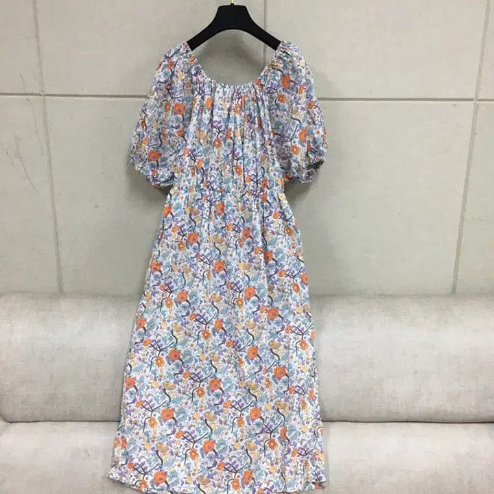 [BUNJANG] Floral Pattern Off-Shoulder Puff Sleeve Long Dress / 오프숄더가능 플로럴 패턴 퍼프 소매 롱원피스 면원피스