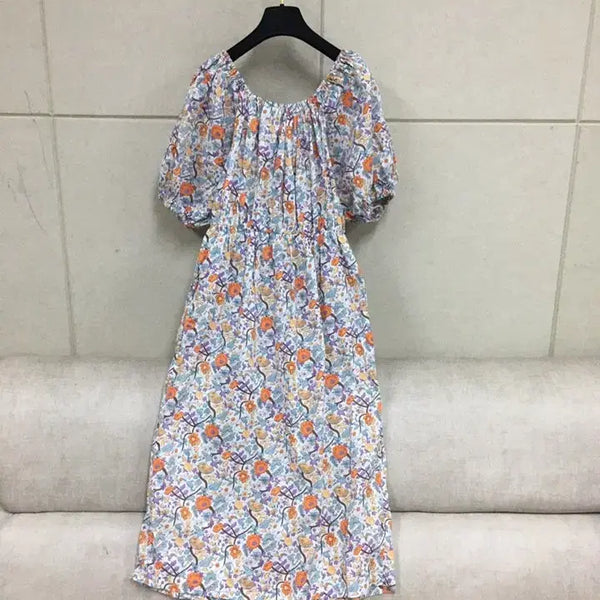 [BUNJANG] Floral Pattern Off-Shoulder Puff Sleeve Long Dress / 오프숄더가능 플로럴 패턴 퍼프 소매 롱원피스 면원피스