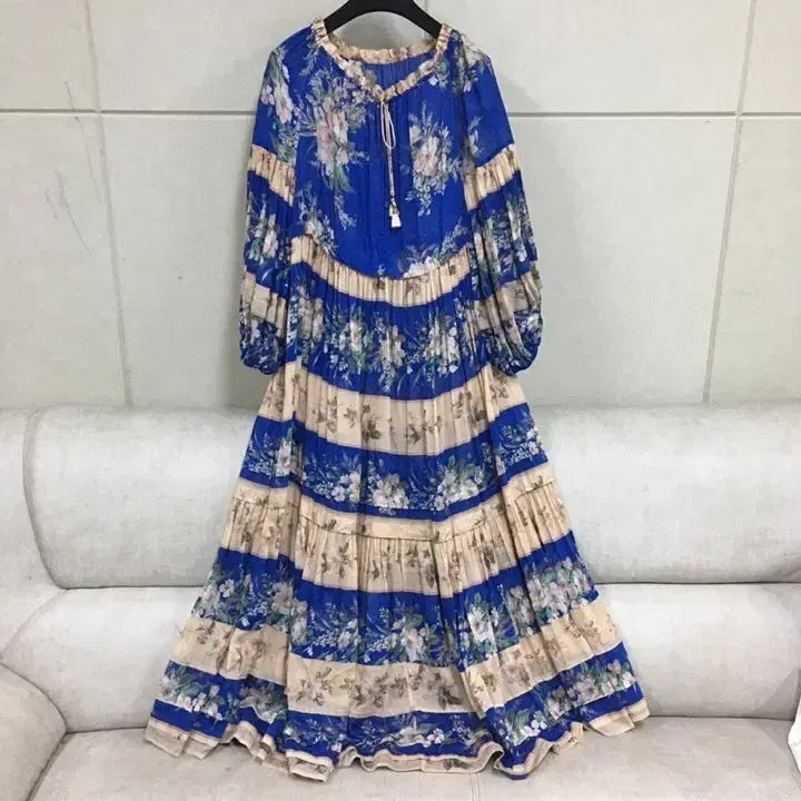 [BUNJANG] Zimmermann Style Blue Floral Cotton Linen Silk Blend Long Dress Balloon Sleeve / 짐머만느낌 수입 블루 플라워패턴 코튼.린넨+실크 롱원피스 벌룬소매
