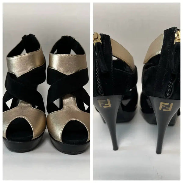 [BUNJANG] Fendi Black & Gold X-Strap Platform Open-Toe High Heel Sandals EU 37.5 / [정품/박스포함] 펜디(FENDI) 블랙 앤 골드 엑스 스트랩 플랫폼 오픈토 하이힐 샌들 37.5(국내245)