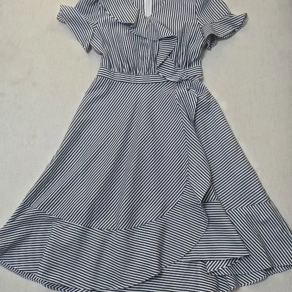 [BUNJANG] Satin Stripe Frill Wrap Dress / 마린룩 사틴 스트라이프 프릴 랩 원피스 Satin