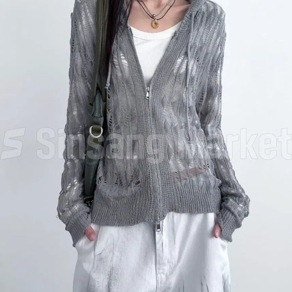[BUNJANG] Grunge Look-out Two-Way Hooded Zip-Up Cardigan / [빠른발송] 그런지 룩아웃 투웨이 후드집업 빈티지 y2k 여름가디건 루즈