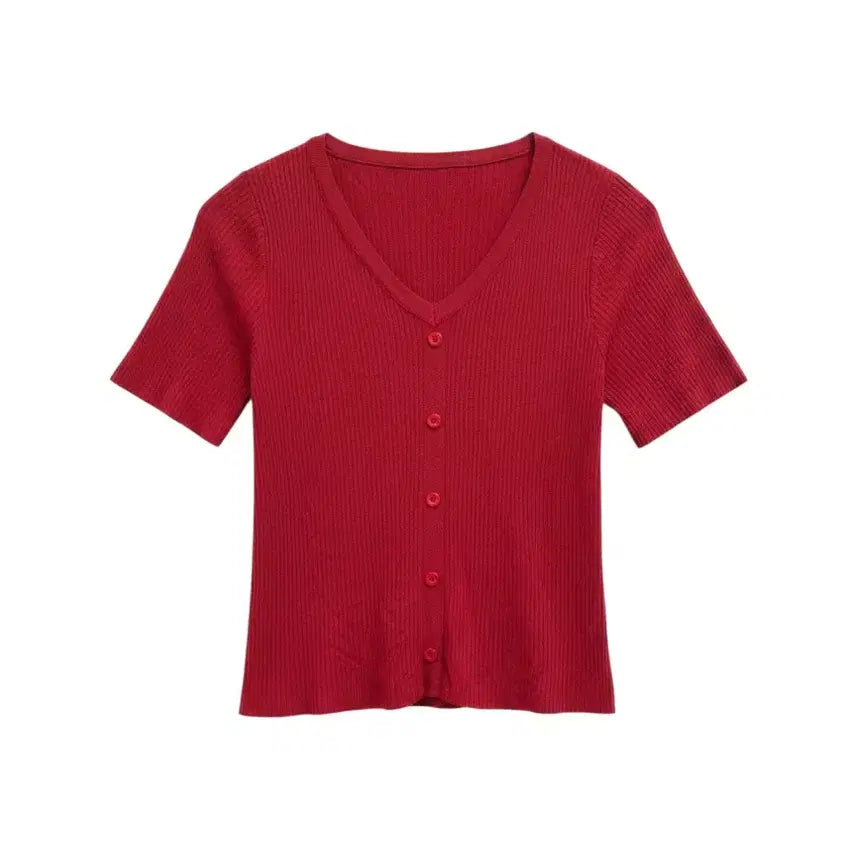 [BUNJANG] Red Ribbed Short Sleeve Knit Top Vintage / 여성F/ 레드 골지 반팔 니트 빈티지킹