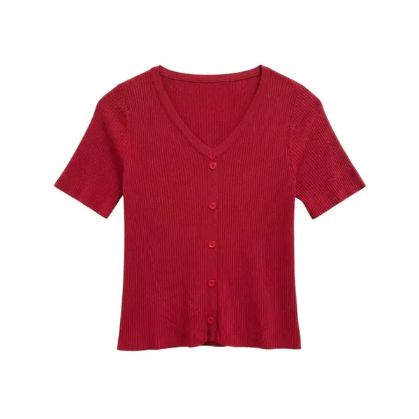[BUNJANG] Red Ribbed Short Sleeve Knit Top Vintage / 여성F/ 레드 골지 반팔 니트 빈티지킹