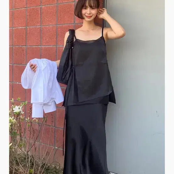 [BUNJANG] Hacie Satin Layered Long Skirt Black S / 하시에 새틴 레이어드 롱스커트 블랙 S