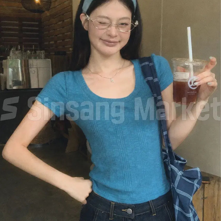 [BUNJANG] Y2K Textured Knit Round Neck Short Sleeve T-Shirt (Mint Core) / [빠른발송] 썸머원단 포마 골지 라운드 반팔 y2k 린넨 민트코어 발레코