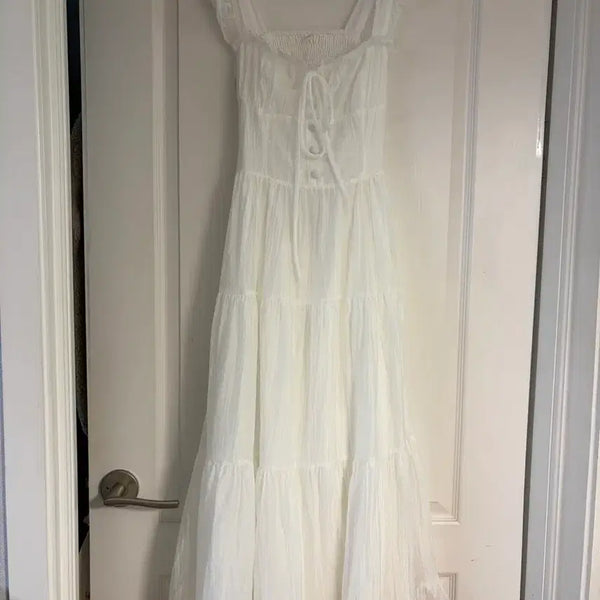 [BUNJANG] White Lace Shirring Frill Long Dress / 화이트 레이스 셔링 프릴 롱 원피스