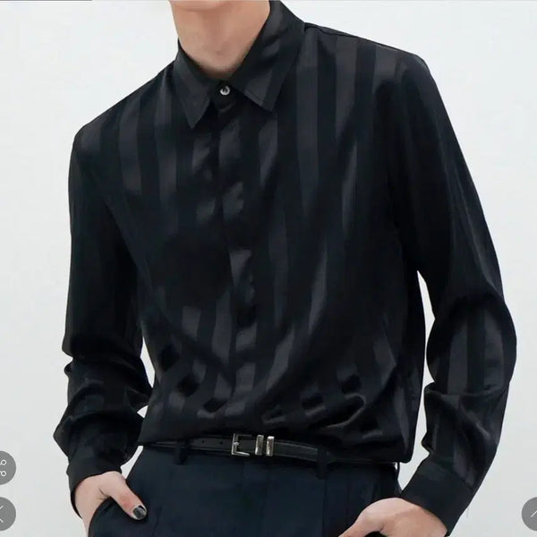 [BUNJANG] Unteage Striped Jacquard Silk Shirt (Black) / 언티지 스트라이프 쟈가드 최고급 실크 셔츠(블랙)(새상품)