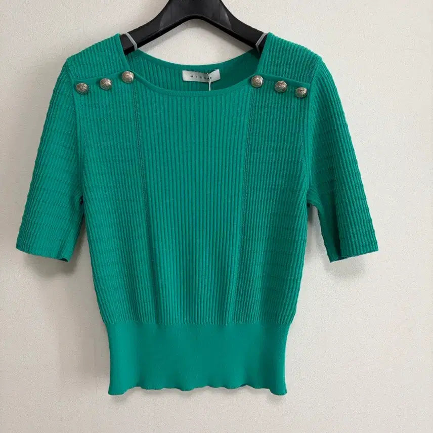 [BUNJANG] MICHAA Short Sleeve Knit Top Mint Square Neck Silver Button Detail / 미샤 반팔 니트