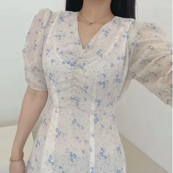 [BUNJANG] Chiffon Puff Shirring Flower Long Dress / 쉬폰 퍼프 셔링 플라워 롱 원피스