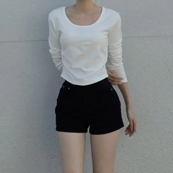 [BUNJANG] Ablley Side Shirring U-Neck Long Sleeve T-Shirt (New) / 에이블리 팔뚝커버 옆셔링 U넥 긴팔티셔츠(새상품)(포장지그대로)