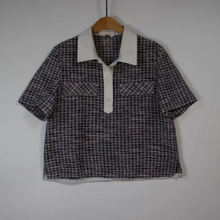 [BUNJANG] LIST Tweed Check Cropped Blouse / LIST 리스트 트위드 크롭 블라우스 55 체크 반팔 카라티