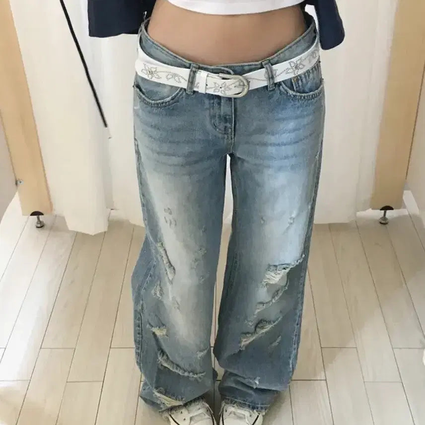 [BUNJANG] OOTJ Scratch Washing Low-Rise Wide Denim Pants - Size S / OOTJ 스크래치 워싱 로우라이즈 와이드 데님 팬츠 S