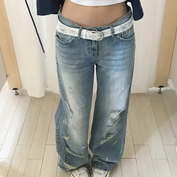 [BUNJANG] OOTJ Scratch Washing Low-Rise Wide Denim Pants - Size S / OOTJ 스크래치 워싱 로우라이즈 와이드 데님 팬츠 S
