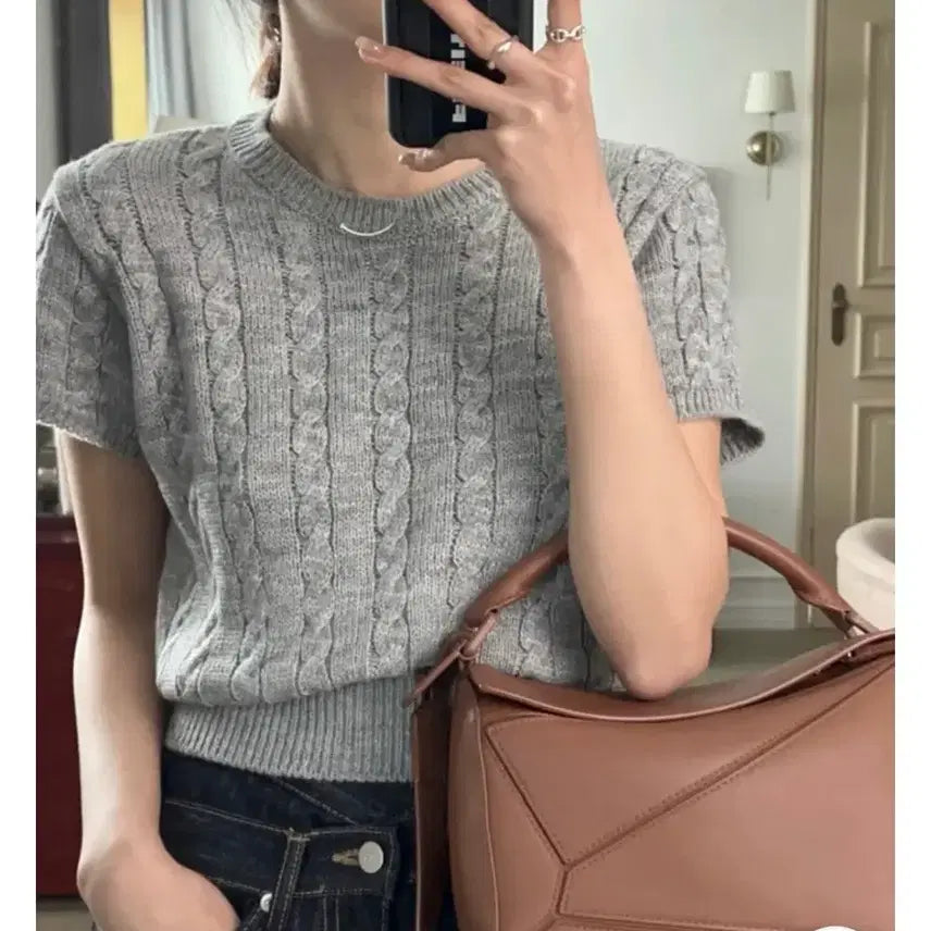 [BUNJANG] Greenis Studio Cable Knit Short Sleeve T-shirt Gray / 에이블리 그레이 꽈배기 니트 반팔