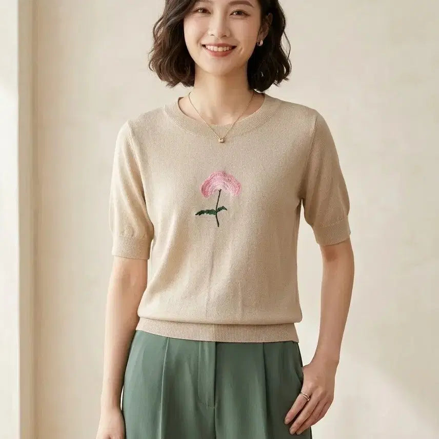 [BUNJANG] Mah So Young Flower Embroidered Short Sleeve Knit / 마소영(mah soyoung) 플라워 자수 반팔 니트 | 레이온 햄프 혼방 | 상태최상