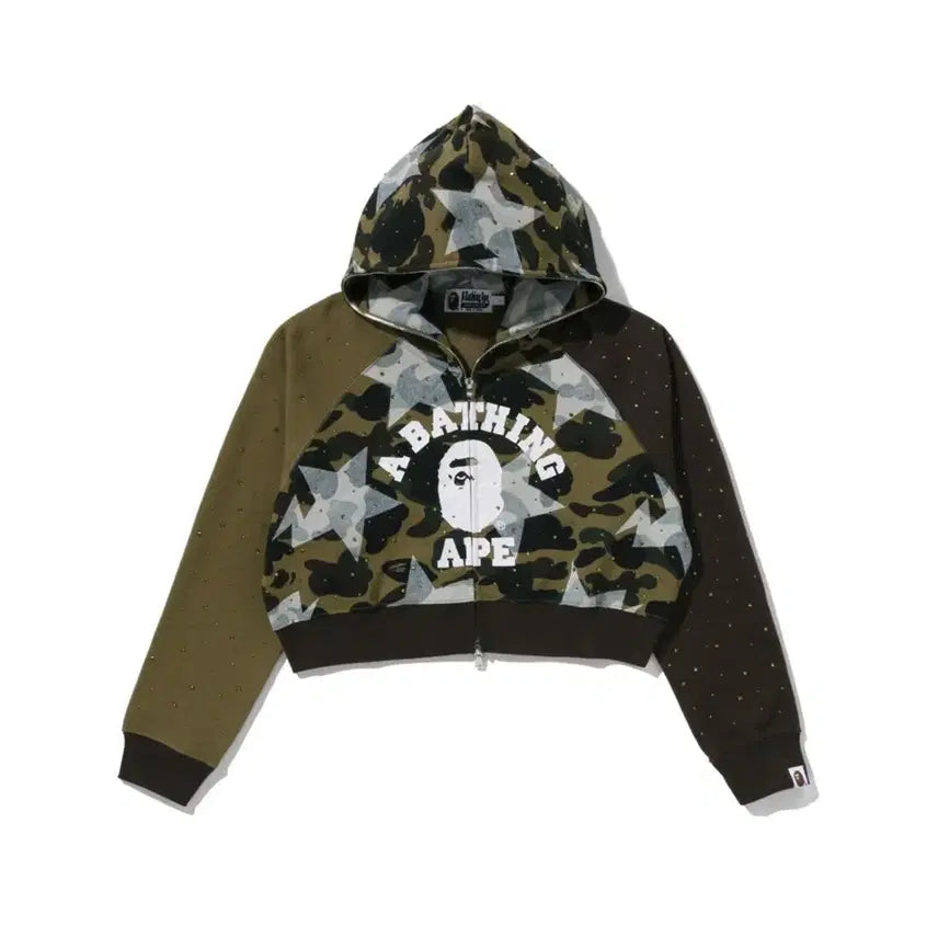[BUNJANG] BAPE Star Overprint First Camo Crystal Stone College Full Zip Hoodie Green / 베이프 스타 오버프린트 퍼스트 카모 크리스탈 스톤 컬리지 풀집업 후드티