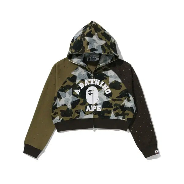 [BUNJANG] BAPE Star Overprint First Camo Crystal Stone College Full Zip Hoodie Green / 베이프 스타 오버프린트 퍼스트 카모 크리스탈 스톤 컬리지 풀집업 후드티