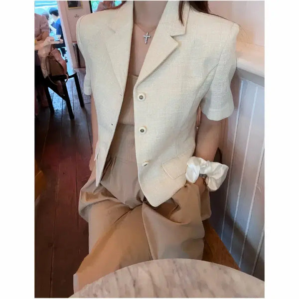 [BUNJANG] Rawsom J Tweed Jacket Light Beige / [처분] 로썸제이 반팔 트위드자켓 연베이지