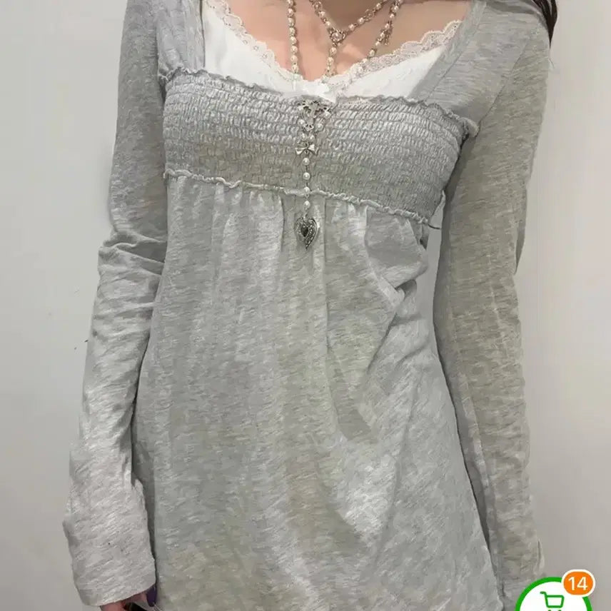 [BUNJANG] Mori Girl Gray Long Sleeve Lace Blouse / 모리걸 레이스 회색 긴팔