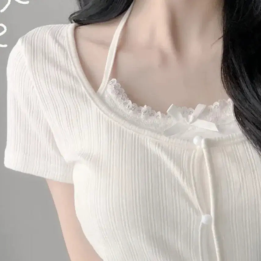 [BUNJANG] Ablie Halter Layered Lace Volume Ribbed Short Sleeve T-Shirt Cardigan / 에이블리 홀터 레이어드 레이스 볼륨 골지 반팔 티셔츠 가디건