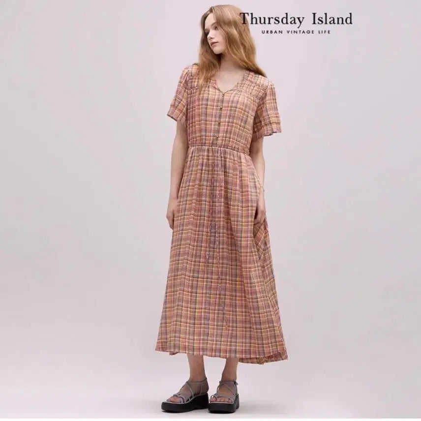 [BUNJANG] Thursday Island Check Shirring Long Dress / 써스데이 아일랜드 체크 셔링 롱원피스 S 사이즈(주말 1만원 할인)