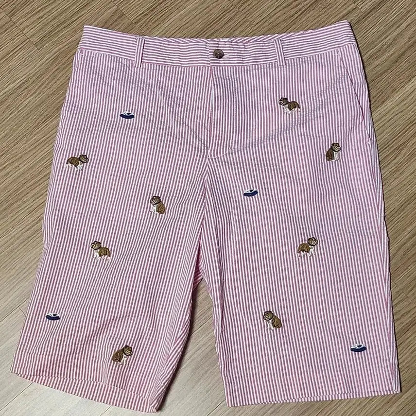 [BUNJANG] Polo Ralph Lauren Pink Striped Seersucker All-Over Embroidery Shorts / 폴로 랄프로렌 핑크 스트라이프 시어서커 올오버 자수 반바지