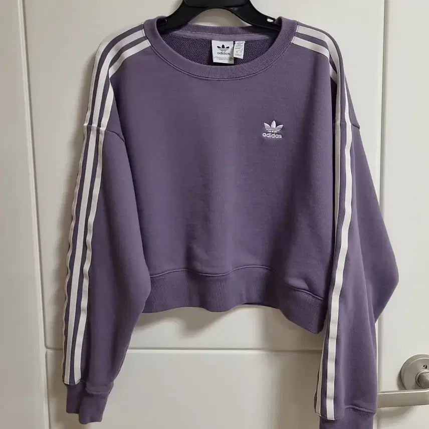 [BUNJANG] Adidas Women's 3-Stripes Cropped Sweatshirt Purple Long Sleeve / 아디다스 3s 크롭 맨투맨 스웨트 셔츠 퍼플 보라색 여성 여자 긴팔