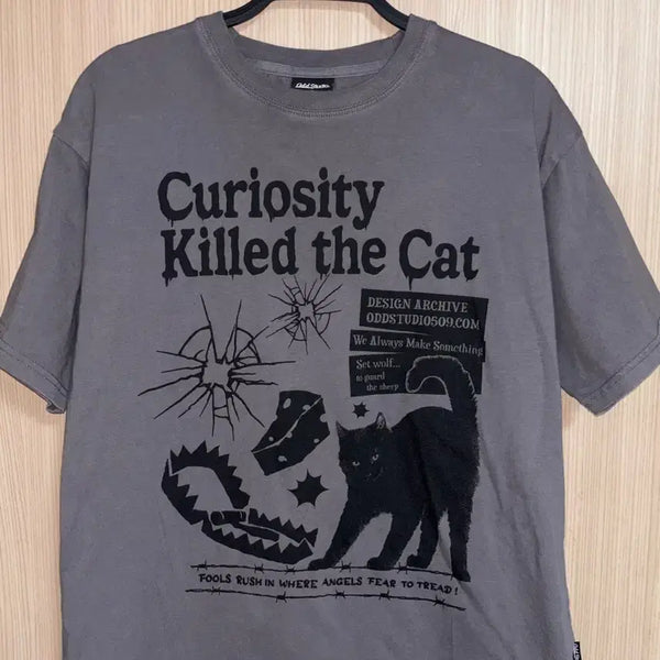 [BUNJANG] Odd Studio Kitsch Cat Graphic Oversized T-Shirt Light Charcoal / 오드스튜디오 키치 캣 그래픽 오버핏 반팔티셔츠 LIGHT CHARCOAL 펑크 고양이 힙 스트릿 아메카지 빈티지 y2k 키치
