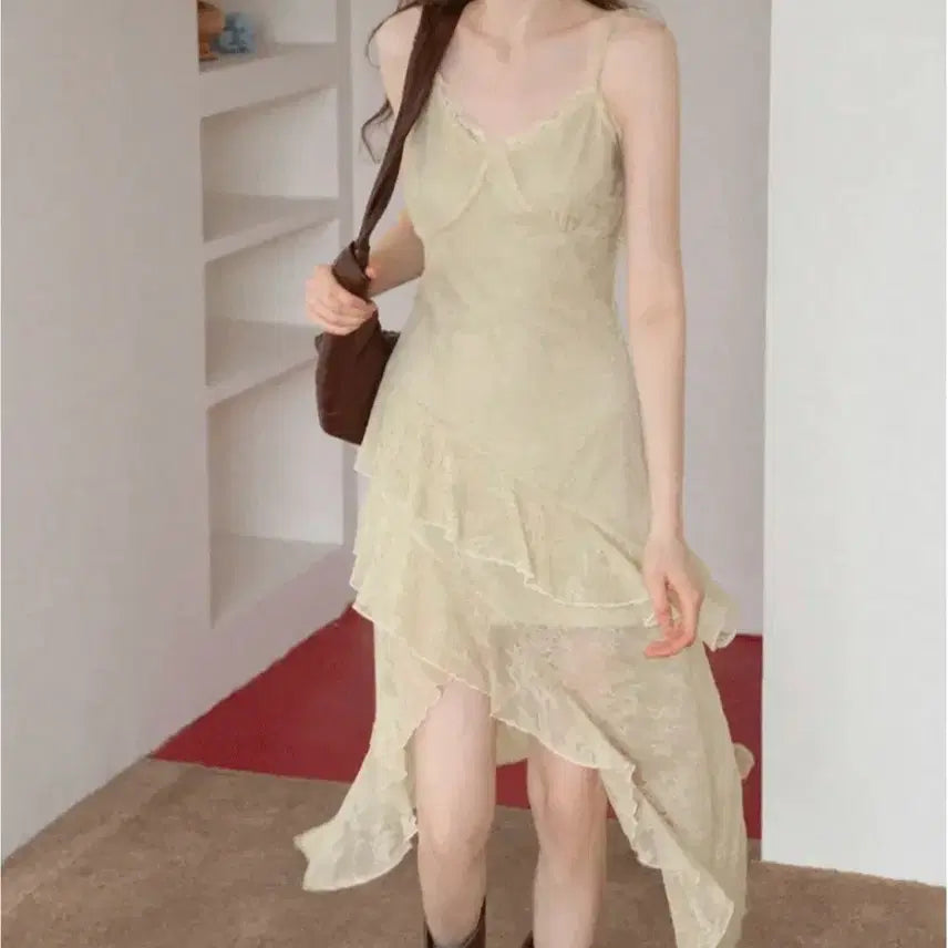 [BUNJANG] Eggka Lace Ruffle Asymmetrical Slip Dress / eggka 원피스 레이스 러플 비대칭 슬립 드레스