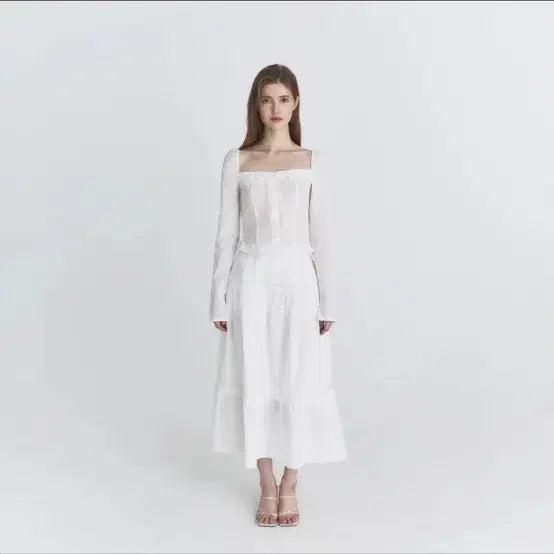 [BUNJANG] Not Your Roses Ribbon Square Blouse and Lace Tiered Long Skirt Set / 낫유어로즈 세트 ribbon square blouse + lace tiered long skirt