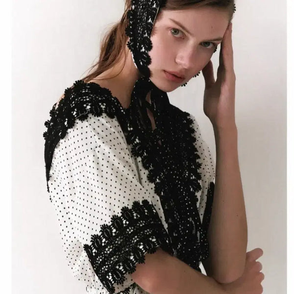 [BUNJANG] Romancic Lace Dot Pattern V-Neck Tiered Dress with Straps / 로맨시크 레이스 도트 패턴 원피스