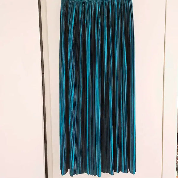 [BUNJANG] Satin Pleated Long Skirt Teal / 새틴 플리츠 롱 스커트 청록색