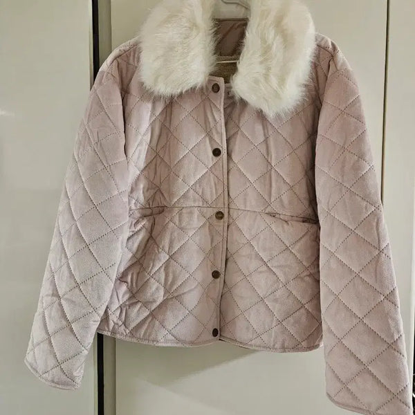 [BUNJANG] Quilted Faux Fur Collar Jacket - Light Pink / 퀼팅 퍼카라 털자켓 연핑크