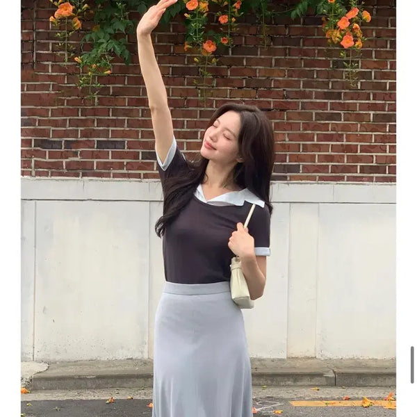 [BUNJANG] LOTRE DE MIN Layered Sheer Summer Shirt Knit Charcoal Blue / 새상품) 로트르드민 레이어드 시어 썸머 셔츠 니트 차콜블루