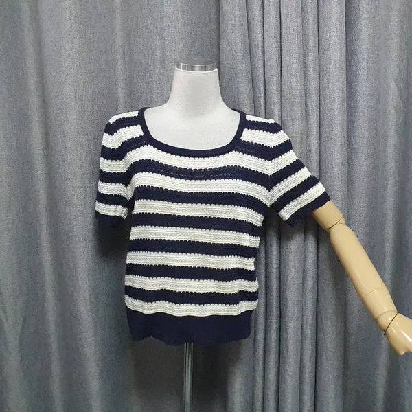 [BUNJANG] Striped Square Neck Short Sleeve Knit / 단가라 스퀘어 반팔니트