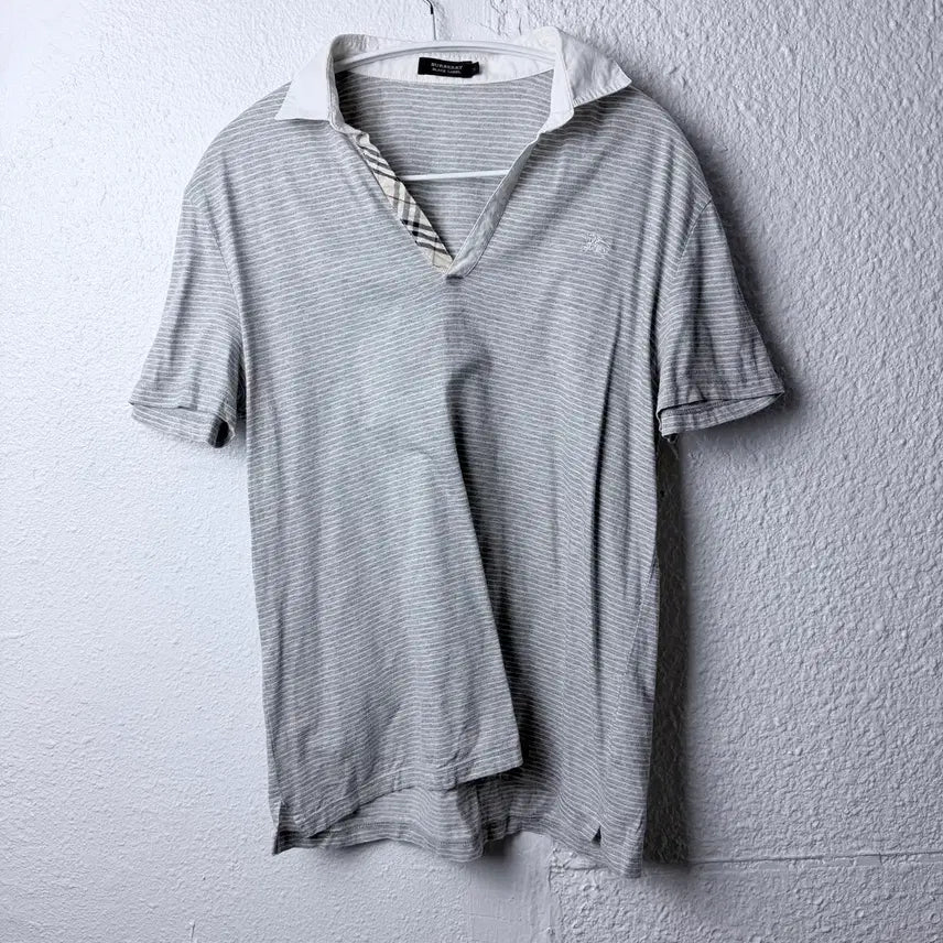 [BUNJANG] Burberry Black Label Striped Open Collar Short Sleeve T-shirt / 버버리 블랙라벨 스트라이프 오픈 카라 반팔티셔츠