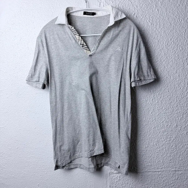 [BUNJANG] Burberry Black Label Striped Open Collar Short Sleeve T-shirt / 버버리 블랙라벨 스트라이프 오픈 카라 반팔티셔츠