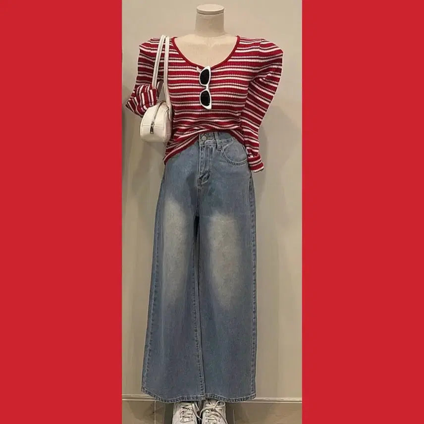 [BUNJANG] Stripe Long Sleeve T-Shirt + Wide Jeans Set / [ 새상품 ] 단가라 긴팔티 + 와일드 청바지 SET