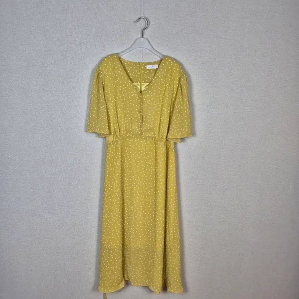 [BUNJANG] Mustard Dot Shirring Short Sleeve V-Neck Dress / (#77,88추천)머스타드 도트 셔링반팔 브이넥 원피스