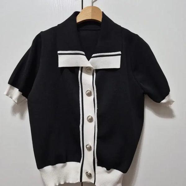 [BUNJANG] Colorblock Button Knit Cardigan - Black / 카라 배색 버튼 니트 가디건 블랙