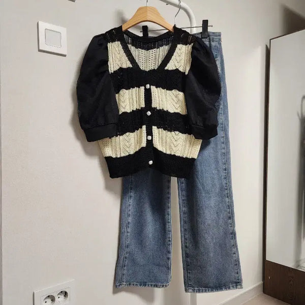 [BUNJANG] Women's Striped Knit Cardigan Top / 여성 스트라이프 니트 가디건티