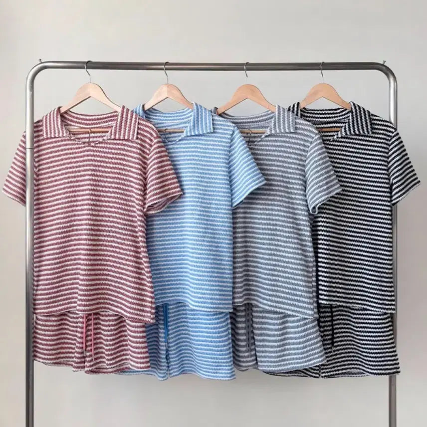 [BUNJANG] Stripe Short-Sleeve Collar Set (Gray, Red) / 스트라이프 반팔 카라 세트 (그레이, 레드 ) 새상품