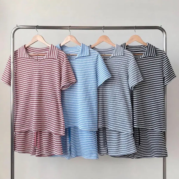 [BUNJANG] Stripe Short-Sleeve Collar Set (Gray, Red) / 스트라이프 반팔 카라 세트 (그레이, 레드 ) 새상품