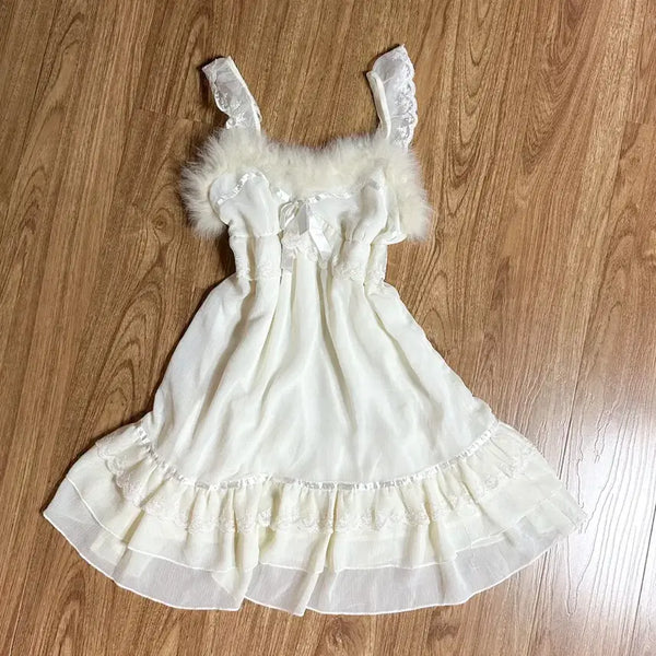 [BUNJANG] Vintage Tralala White Faux Fur Lace Chiffon Slip Dress / 빈티지 트랄라라 화이트 퍼 레이스 쉬폰 슬립 원피스 히메갸루 오네갸루 로걀 달천깔 라떼 모리걸 히메카지 헤이세이 페어리
