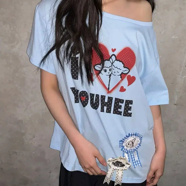 [BUNJANG] YOOI Off-Shoulder T-Shirt Light Blue / 유희 I LOVE 오프숄더 티셔츠 라이트블루