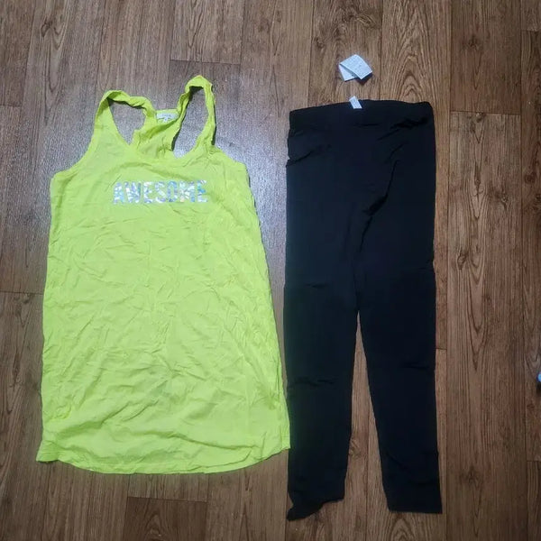 [BUNJANG] Fluorescent Long Tank Top + Black Leggings Set / 형광 롱 나시티 + 블랙 레깅스 세트 새상품입니다