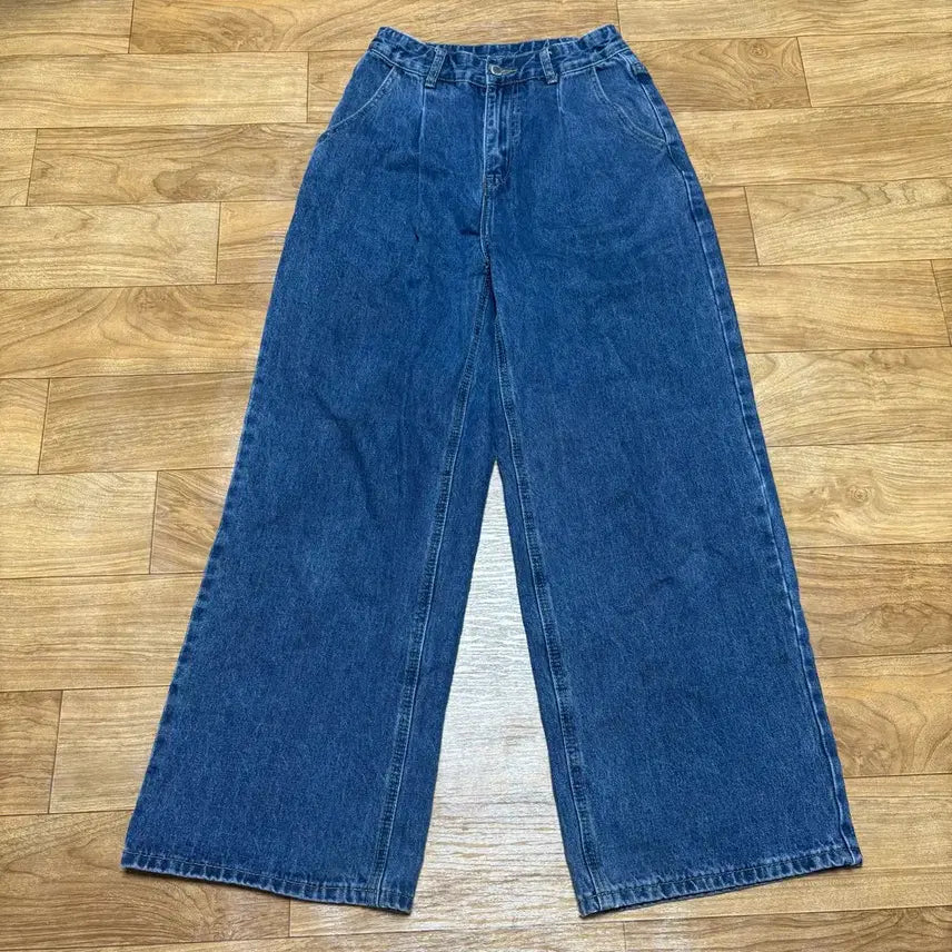 [BUNJANG] Pintuck Wide Denim Pants (Medium Blue) / 핀턱 와이드 데님팬츠 중청바지